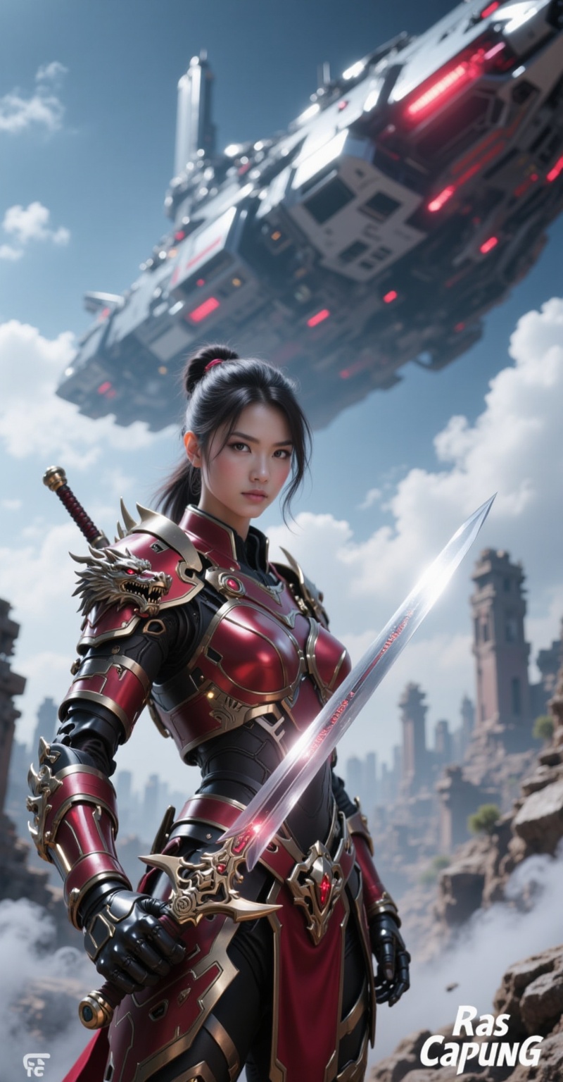 Prompt Captured in a low-angle shot,  a female warrior,  dressed in a red and black outfit on Tensor.Art