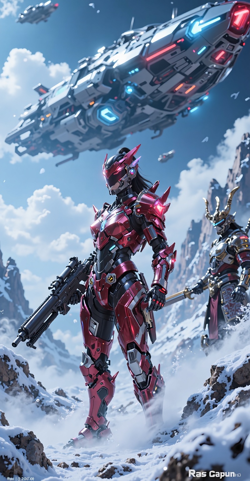 A female warrior,  dressed in red and black,  stands heroically in a low-angle shot. She wears a futuristic diamond crysta...