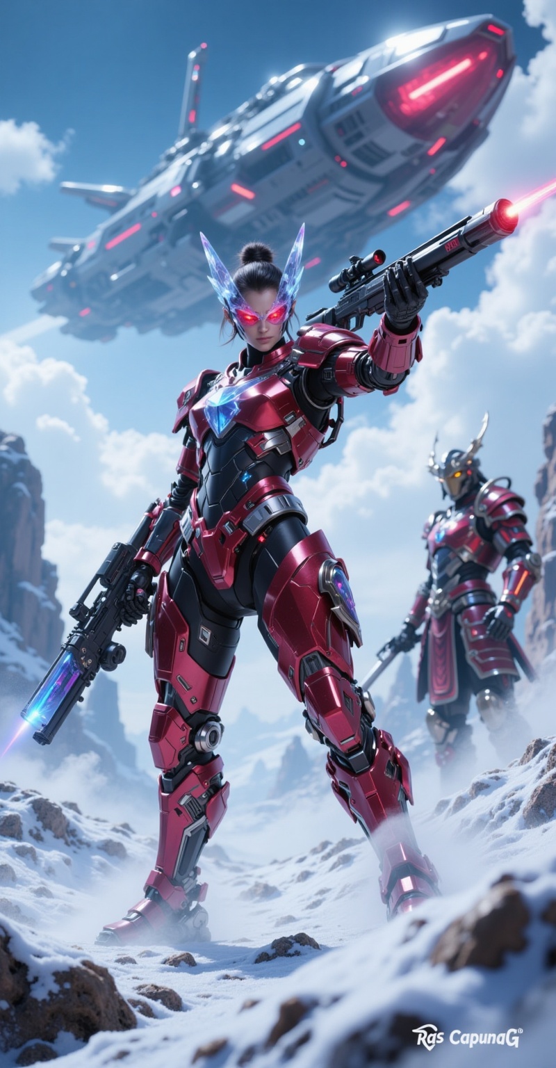 A female warrior,  dressed in red and black,  stands heroically in a low-angle shot. She wears a futuristic diamond crysta...