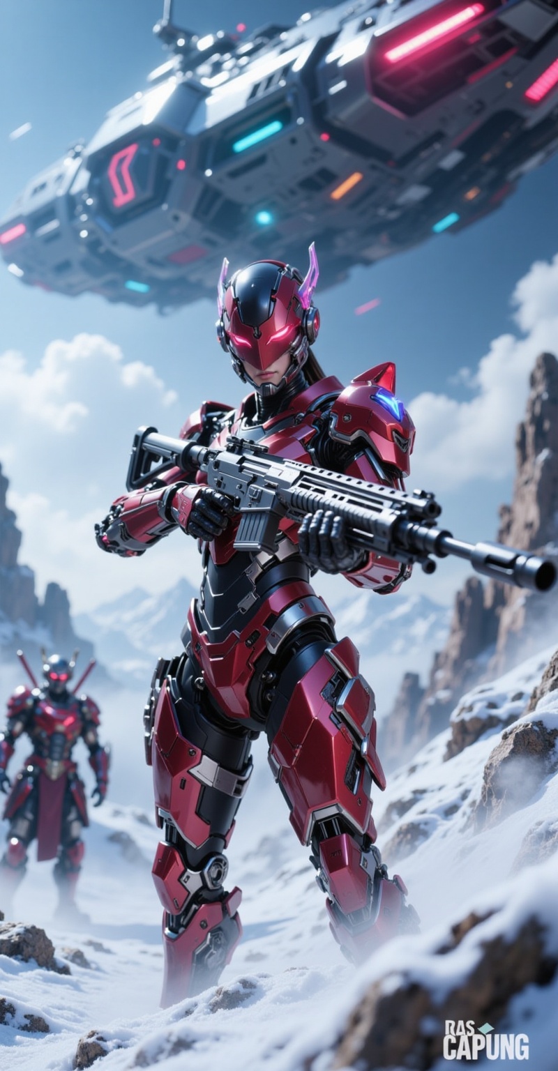 A female warrior,  dressed in red and black,  stands heroically in a low-angle shot. She wears a futuristic diamond crysta...