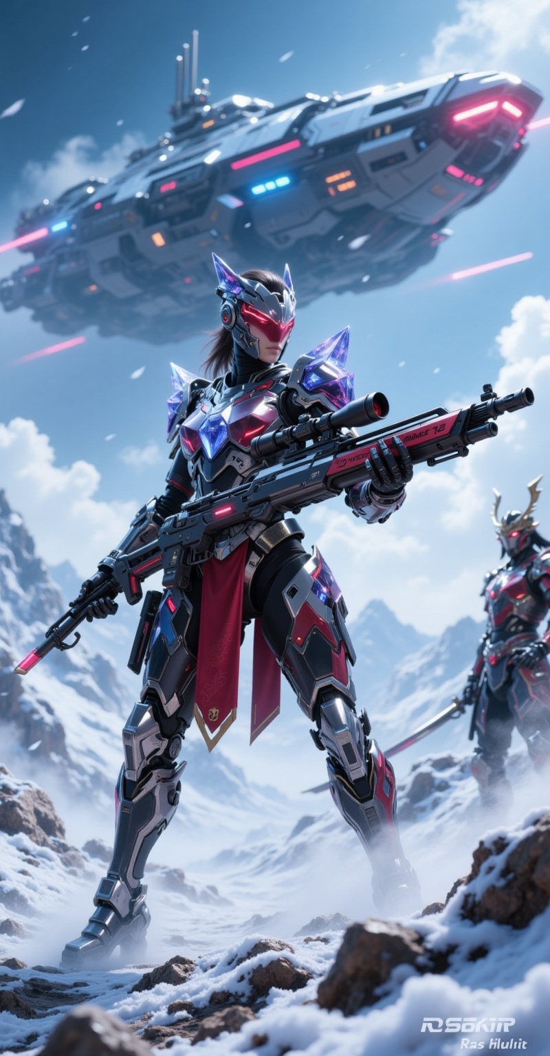 A female warrior,  dressed in red and black,  stands heroically in a low-angle shot. She wears a futuristic diamond crysta...