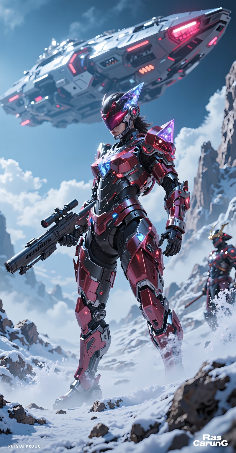 A female warrior,  dressed in red and black,  stands heroically in a low-angle shot. She wears a futuristic diamond crysta...