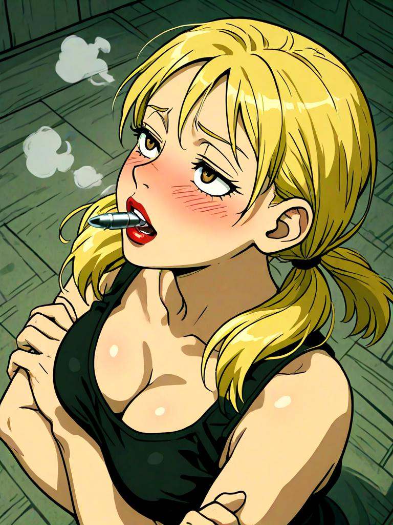 bullet time,  bullet in mouth,  biting bullet on Tensor.Art