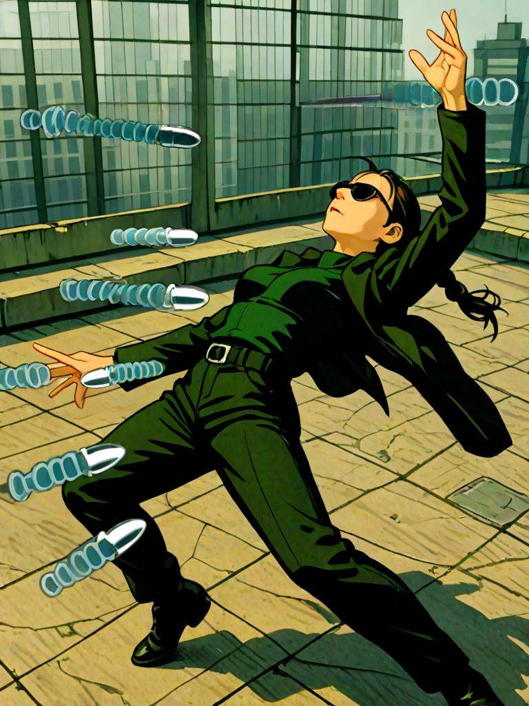 bullet time,  dodging bullet,  leaning back on Tensor.Art