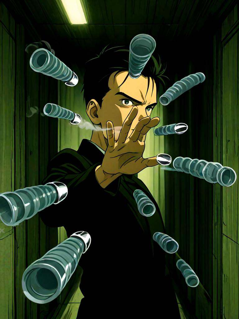 bullet time,  blocking bullet,  reaching towards viewer on Tensor.Art