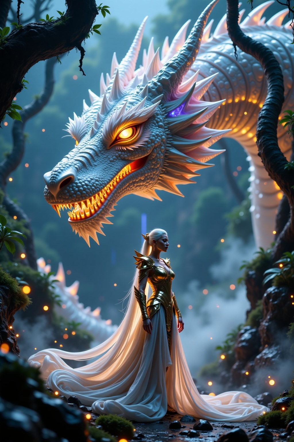 A dramatic and cinematic medium close-up side-angle portrait of a mighty dragon goddess standing in ethereal grace,  with...