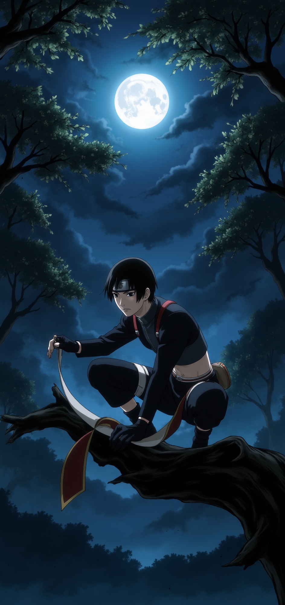 sai-naruto-style,  crouching on tree branch,  ink scroll partially unrolled on Tensor.Art