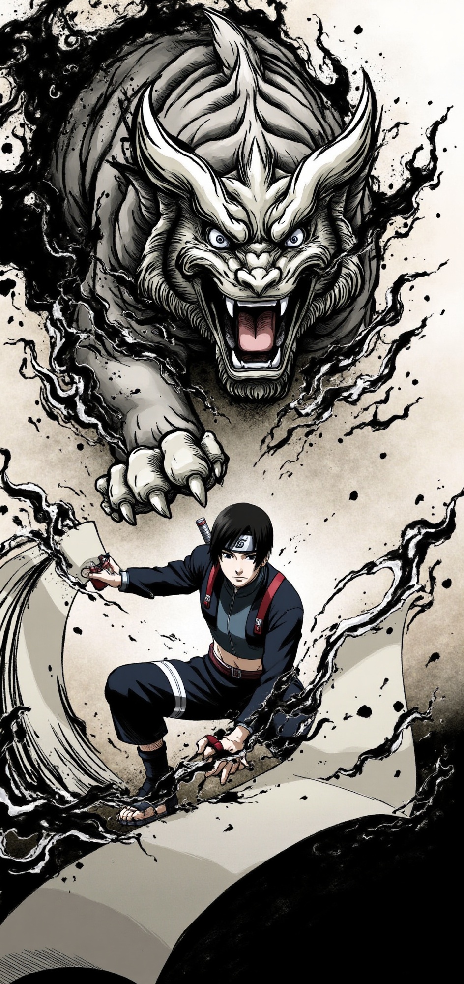 sai-naruto-style,  full body,  summoning a giant ink tiger beast emerging from scroll on Tensor.Art