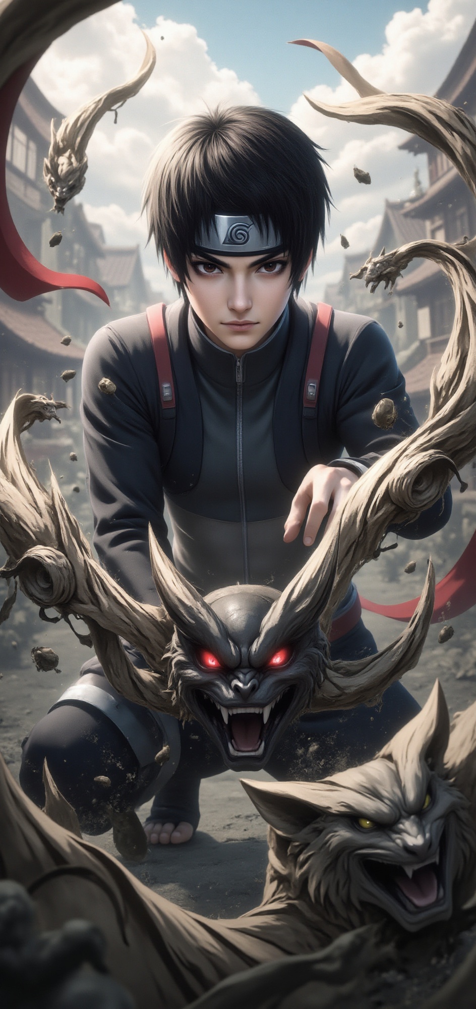 realtoon,  portrait of sai-naruto-style,  full body. mid-battle with ink beast in front of him on Tensor.Art