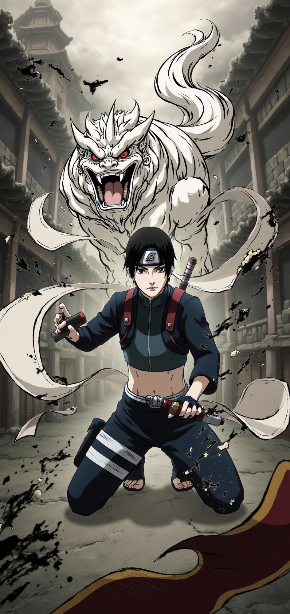 sai-naruto-style,  full body,  mid-battle with ink beast in front of him on Tensor.Art