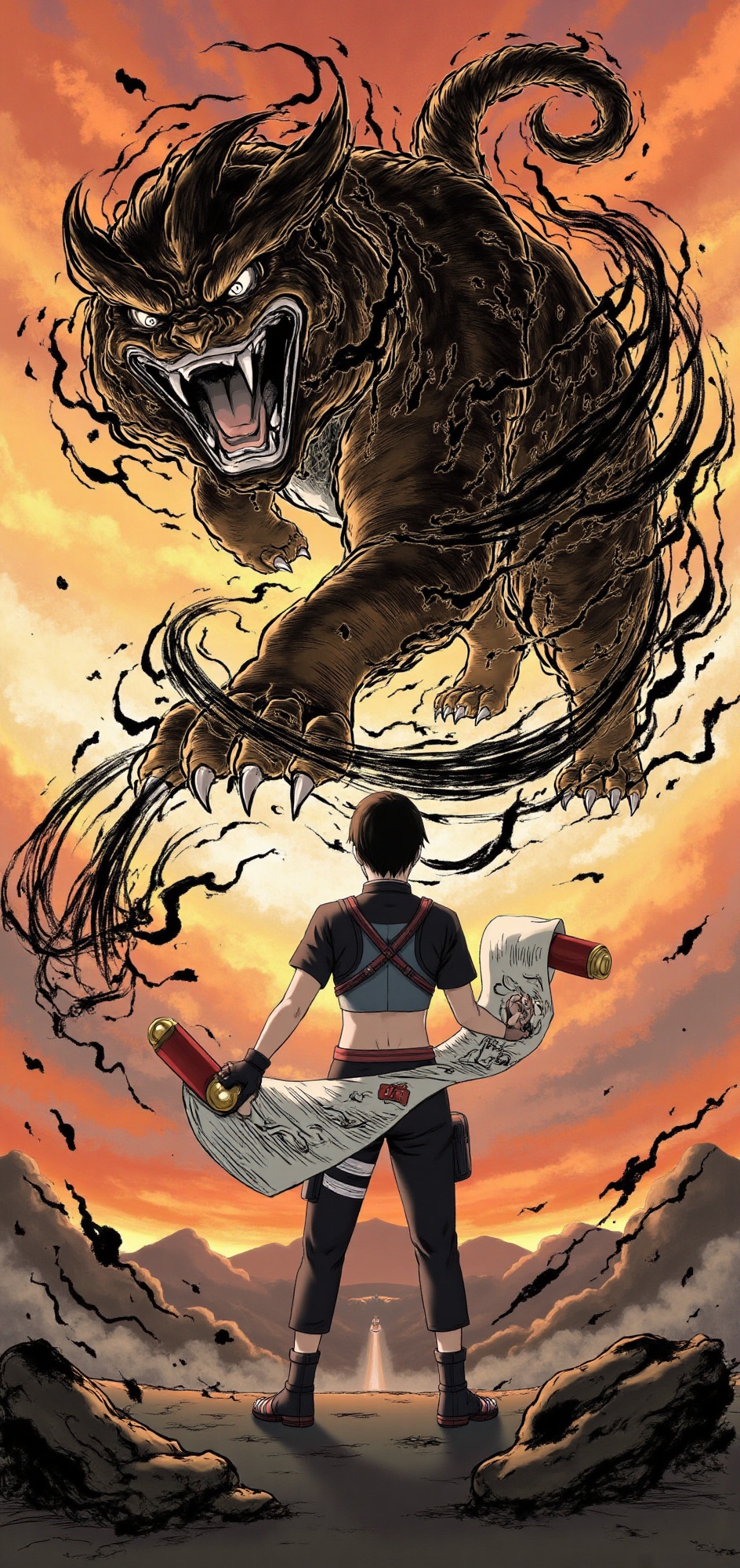 sai-naruto-style,  full body,  summoning a massive ink tiger from scroll on Tensor.Art