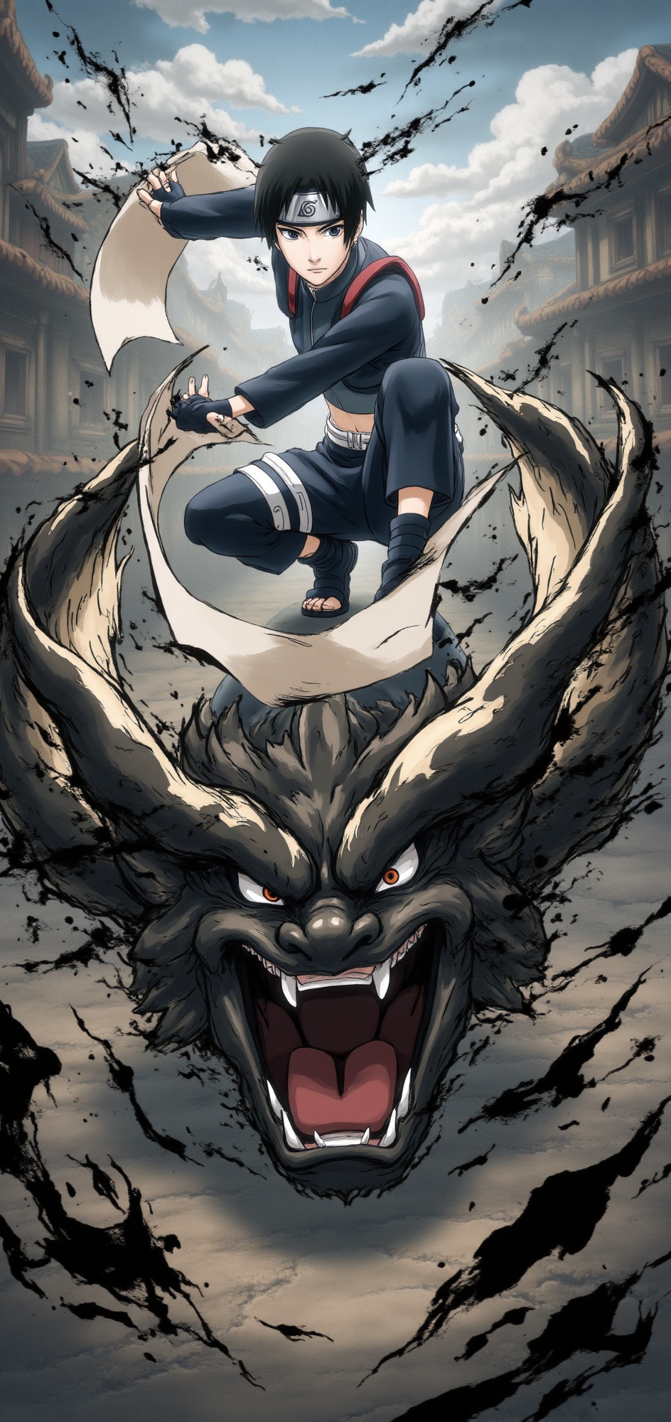 sai-naruto-style,  full body,  mid-battle with ink beast in front of him on Tensor.Art