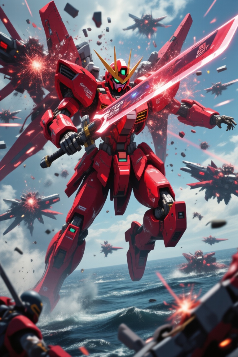 ガンダム00（ダブルオー）より。洋上で戦闘中のトランザムライザー（トランザム状態のダブルオーライザー）が多数のGN粒子をまとい、量子化しながら巨大なライザーソードで敵機を両断しようとしている。多数の敵に囲まれながらも、赤みを帯びたトランザムライ...