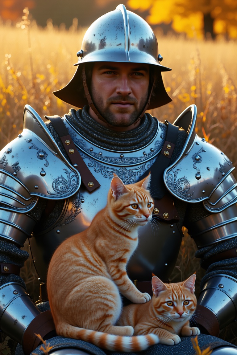 The image depicts a knight in full medieval armor sitting in a field of tall,  golden grass. The knight is wearing a helme...