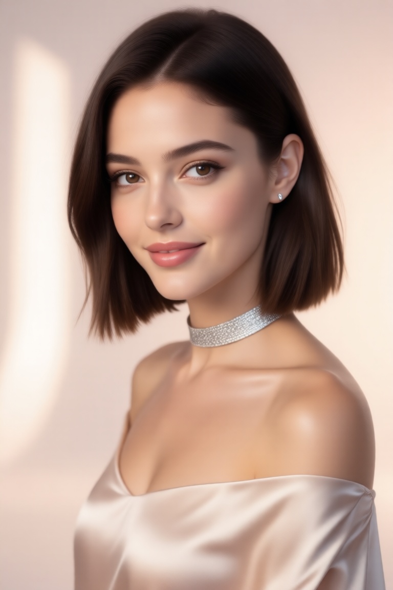 20yo chic woman,  breathtakingly beautiful,  sleek brunette bob hairstyle on Tensor.Art