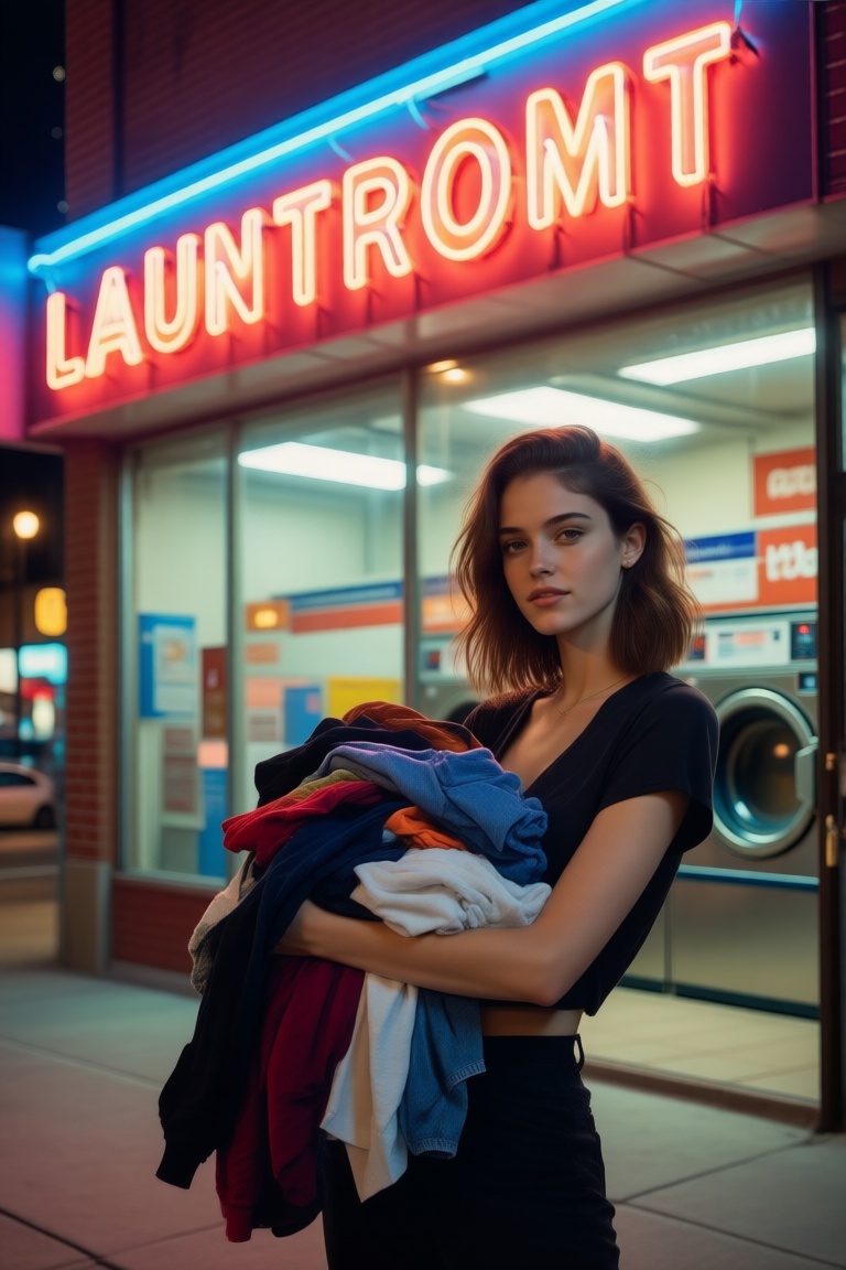 chic 20yo woman,  stylish bust portrait,  standing outside a laundromat on Tensor.Art