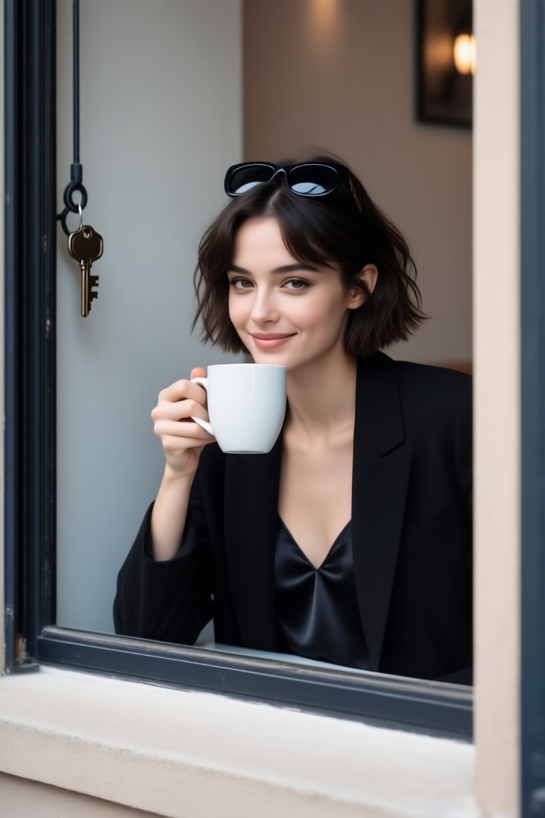 quiet street café window,  chic 20yo woman,  short tousled bob on Tensor.Art