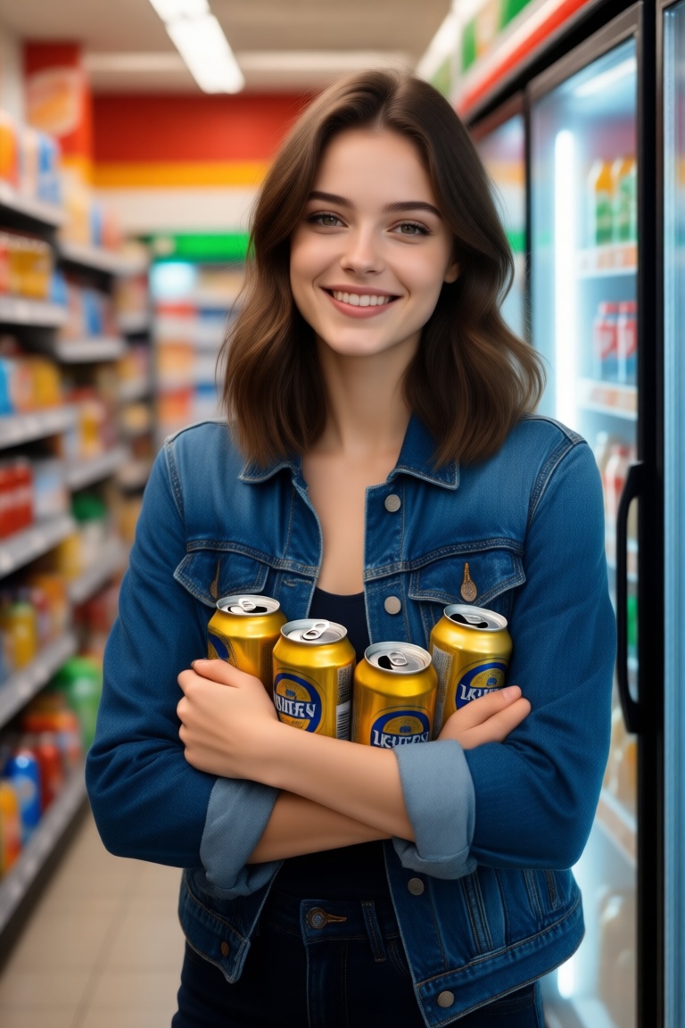 chic 20yo woman,  upper body portrait,  standing inside a convenience store on Tensor.Art