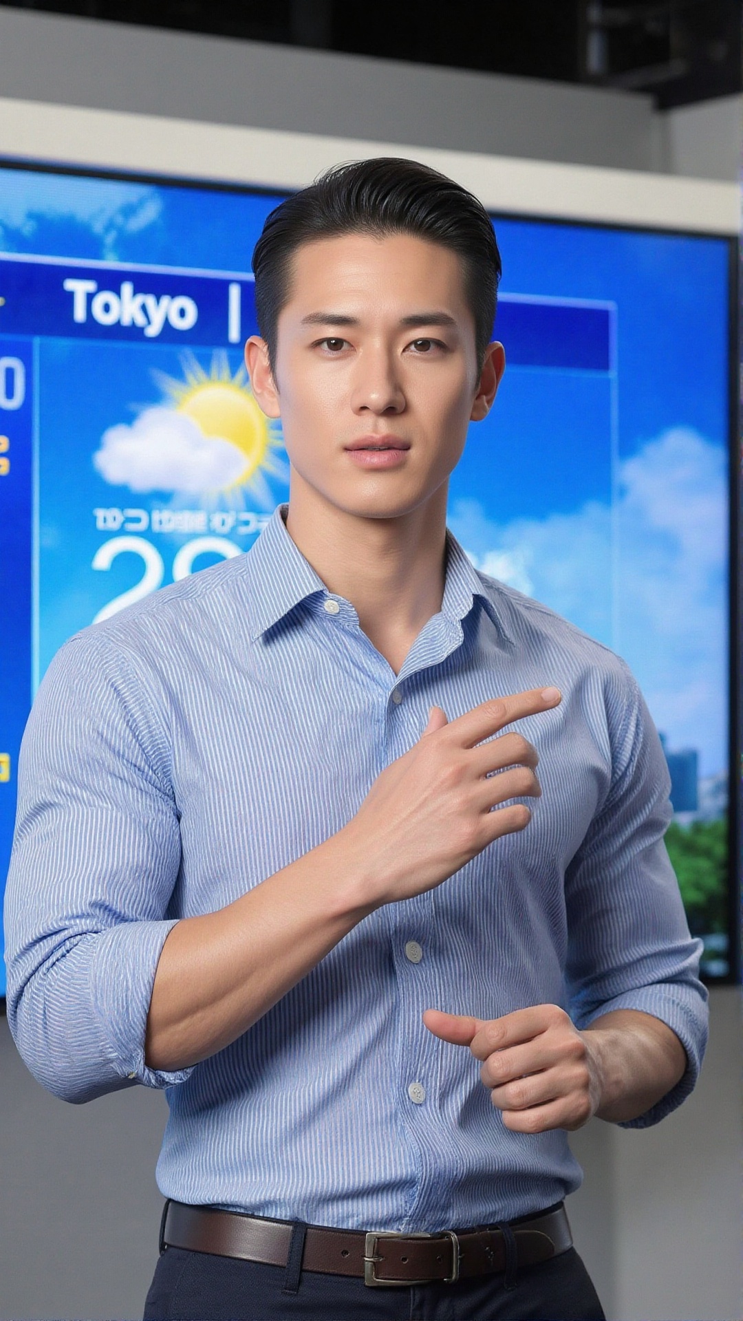 A photorealistic,  high-definition image of a handsome,  muscular Japanese man in his 20s with a slicked-back formal hairs...