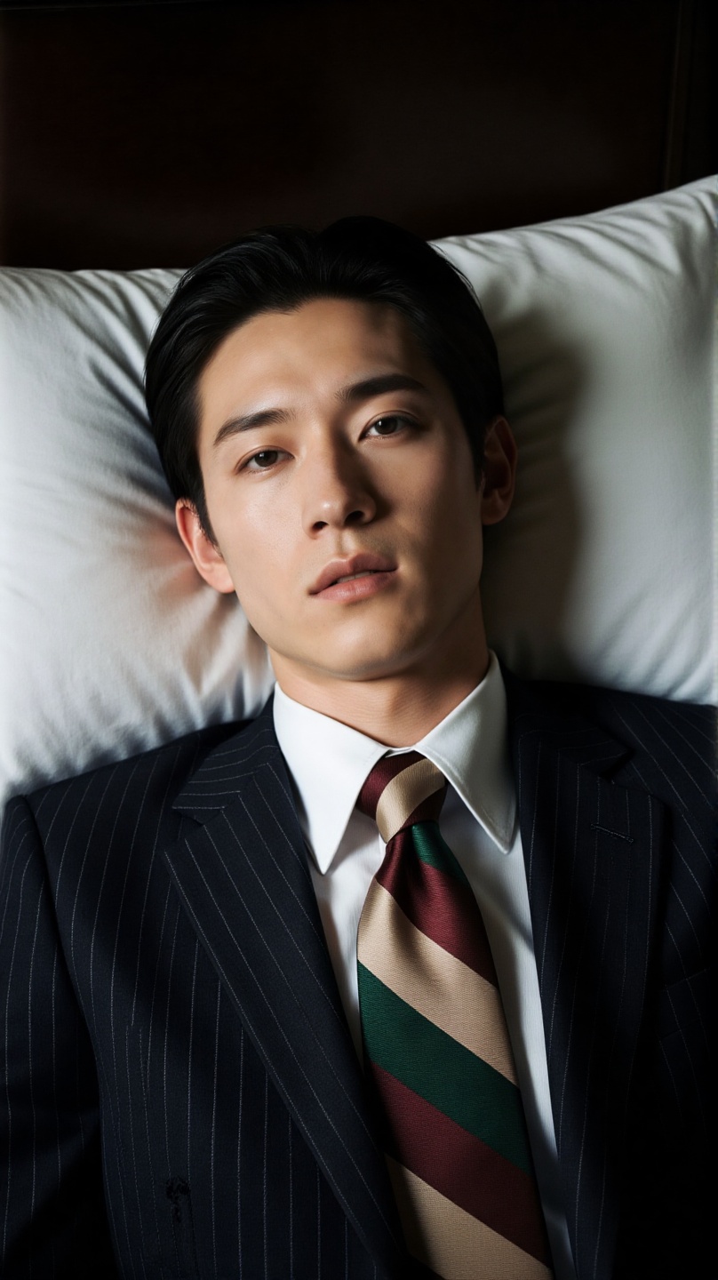 A high-fashion editorial photograph of a young asian japanese man lying on a bed in a dimly lit room,  styled formal navy...
