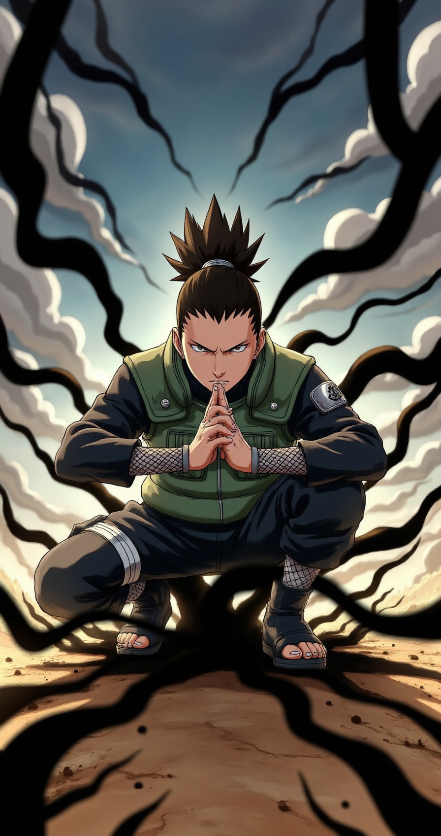 shikamaru_nara,  crouching battle stance,  hands in seal gesture on Tensor.Art
