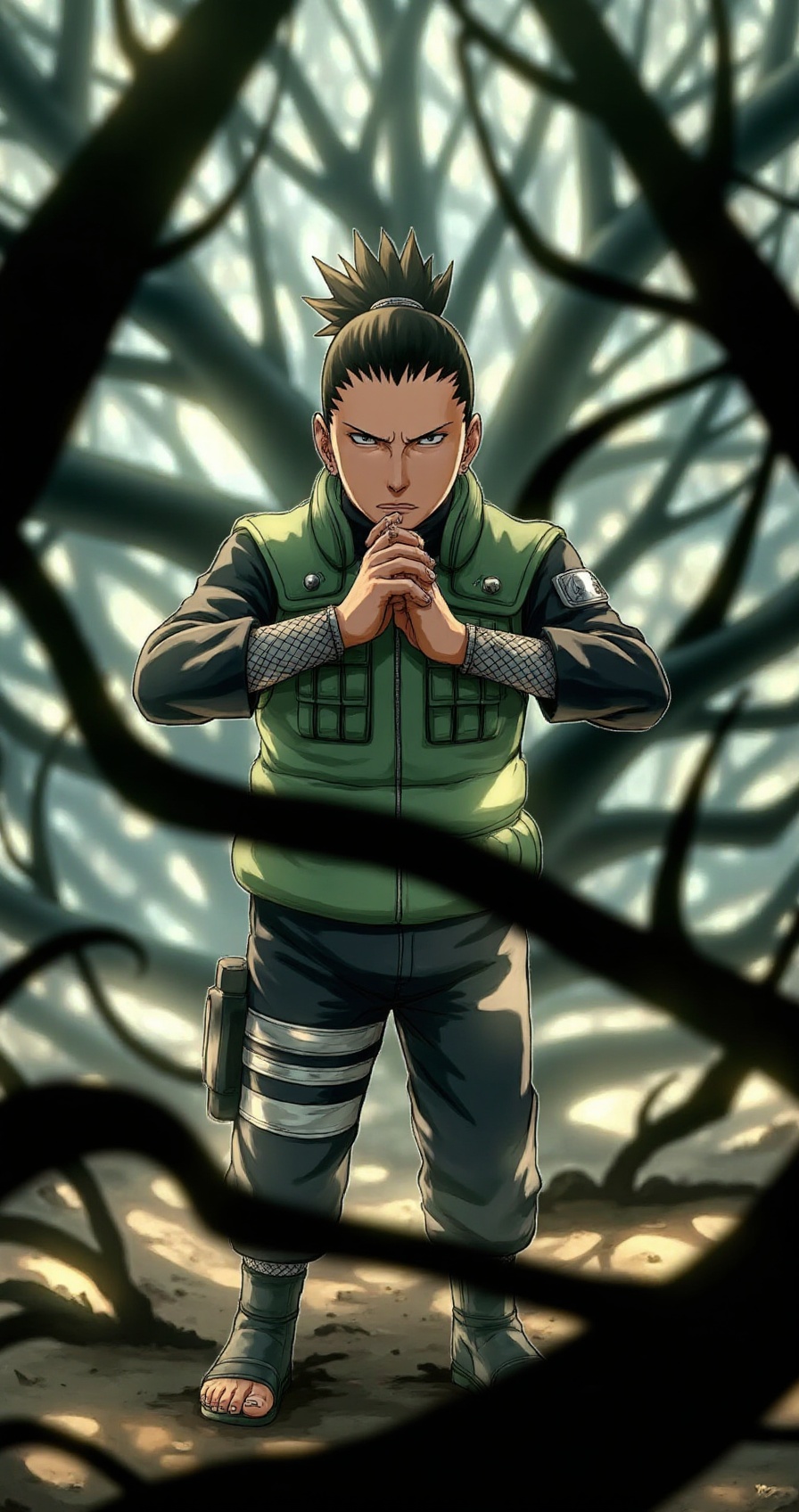 shikamaru_nara,  standing in forest,  shadow possession jutsu spreading around on Tensor.Art