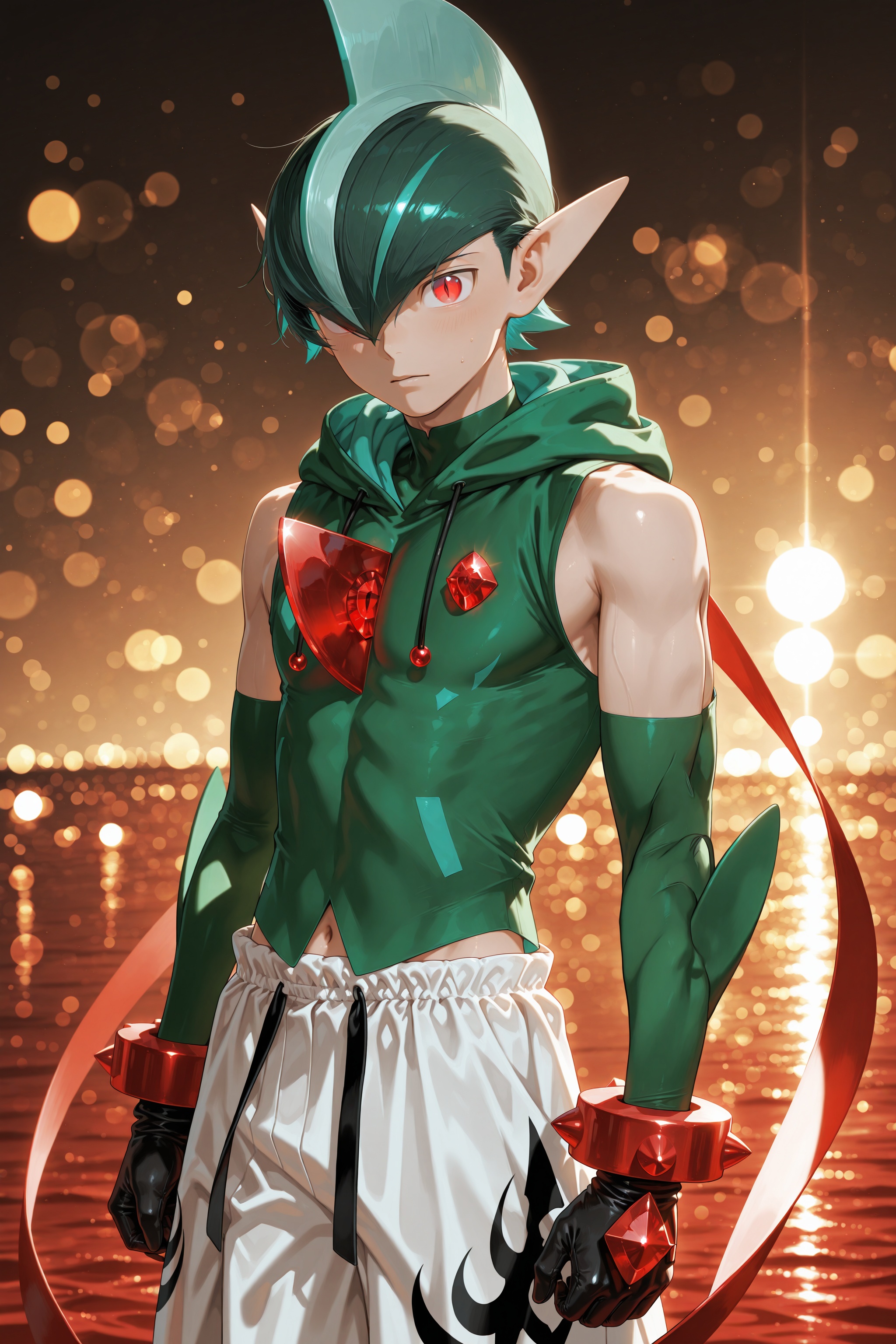A boy with short green hair and a Gallade-inspired look wears a V-shaped green vest,  white oversized shorts,  spiked boot...