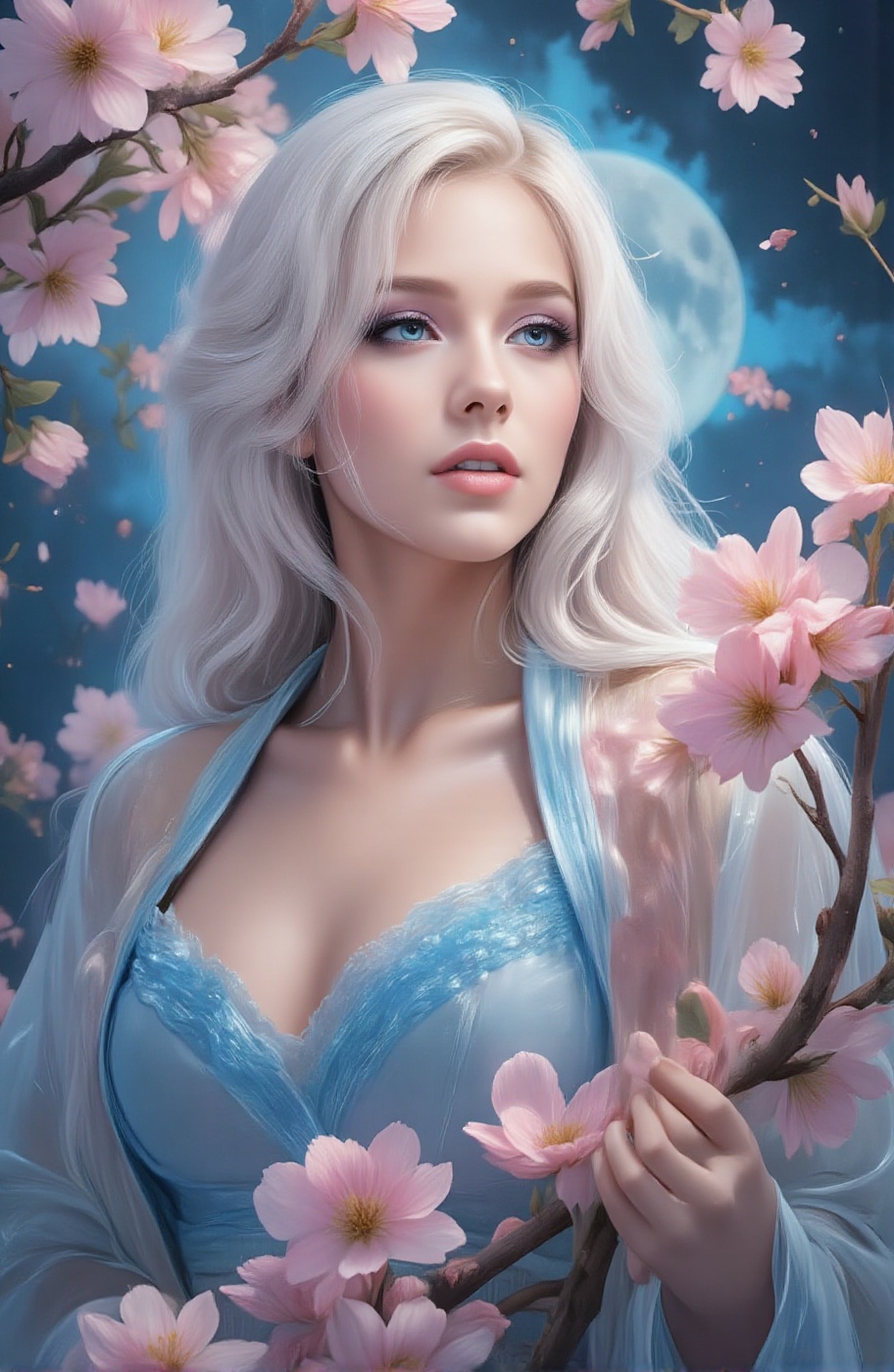 When the wind blows,  the flowers fall Who wrote this painting? Under the moon,  a lonely figure on Tensor.Art