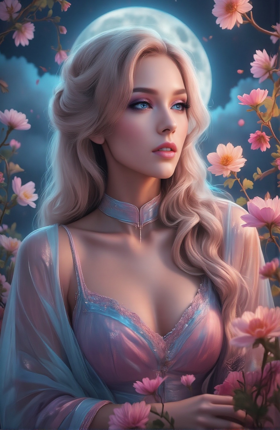 Under the moon,  a lonely figure,  wearing elegant color silk Hanfu on Tensor.Art