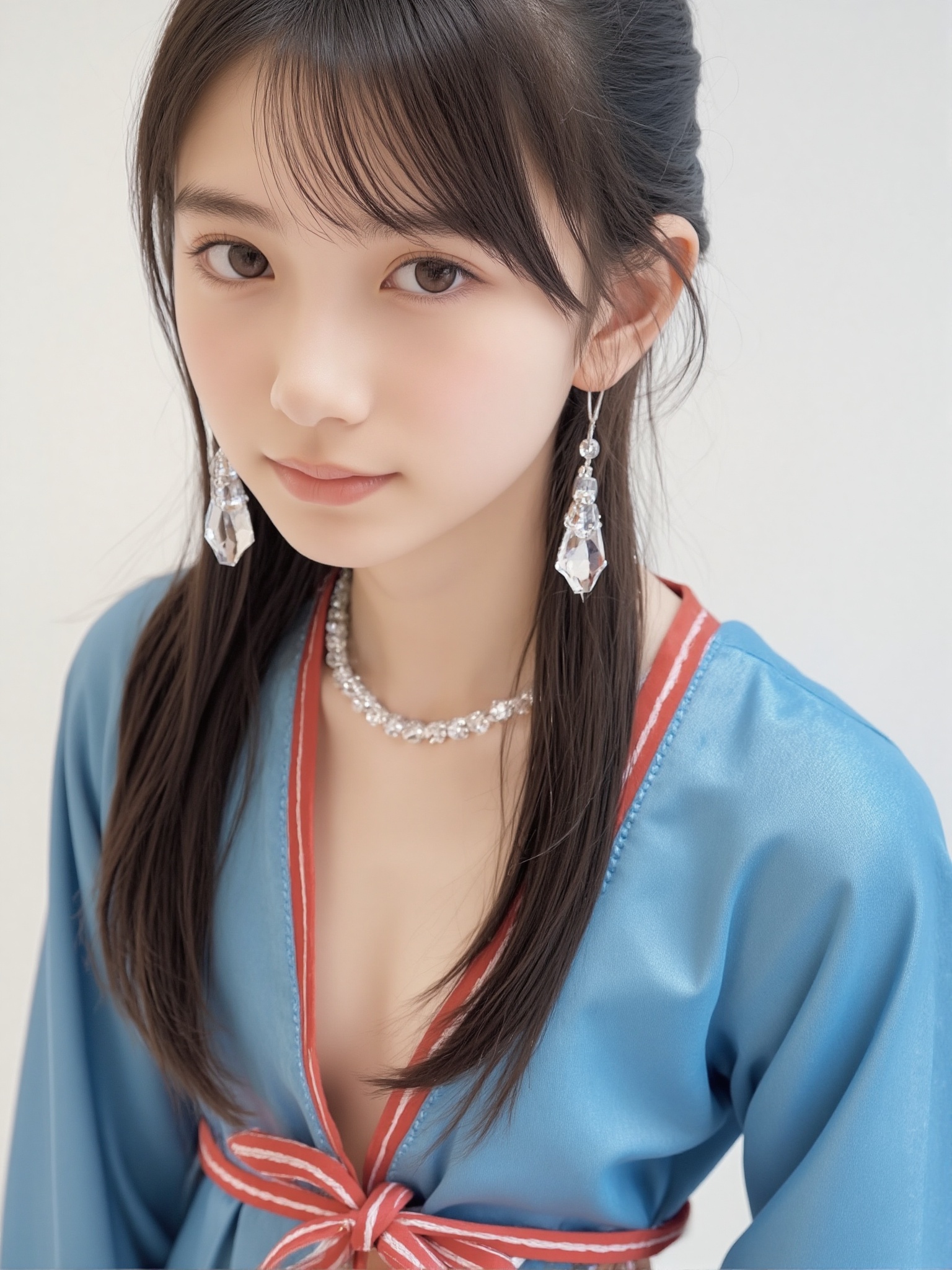 A nude photo of a pretty 15-year-old girl,  she is wearing a summer hanbok,  crystal necklace on Tensor.Art
