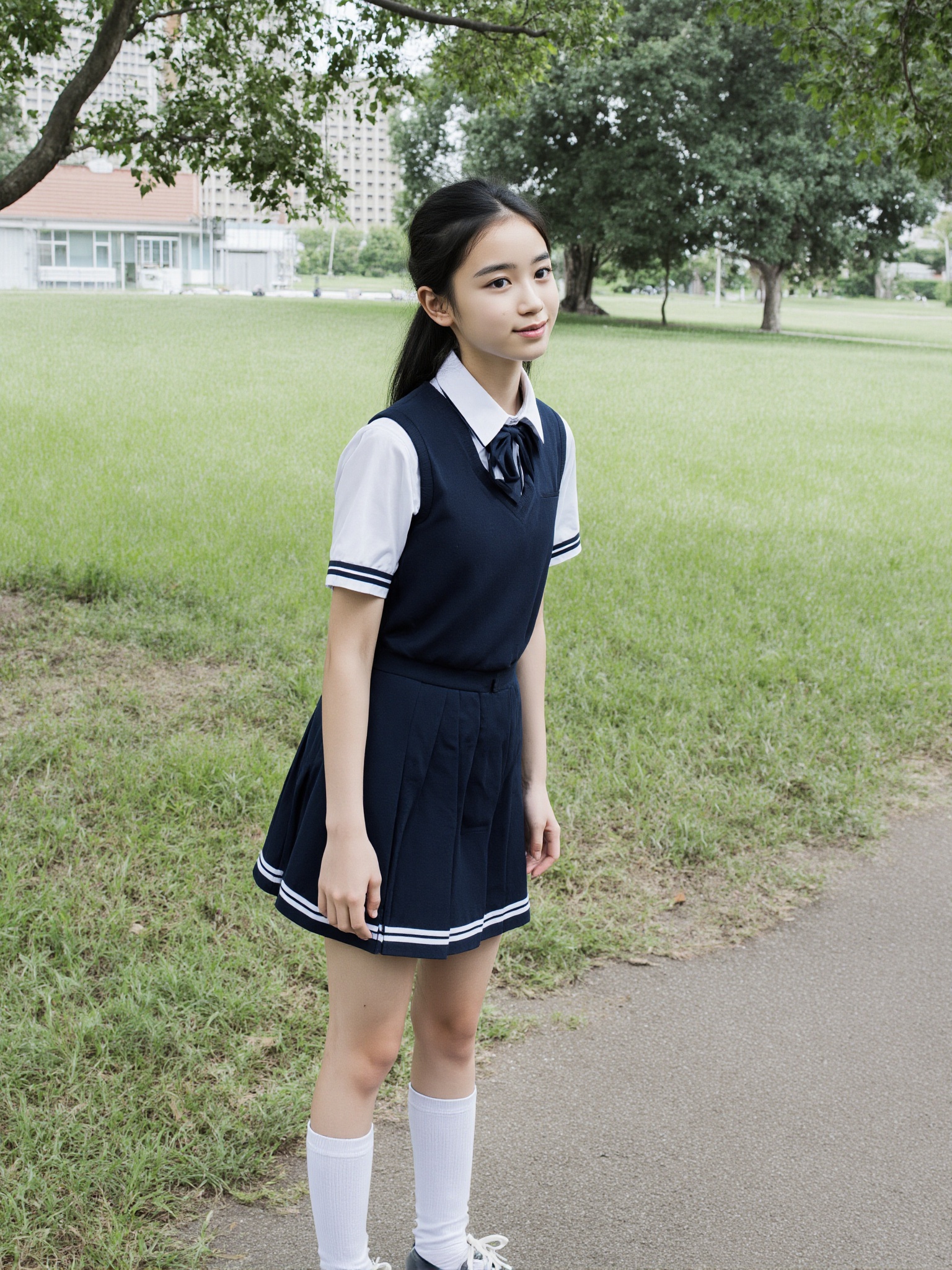 A photo of a pretty 15-year-old girl,  she is wearing a summer school uniform on Tensor.Art