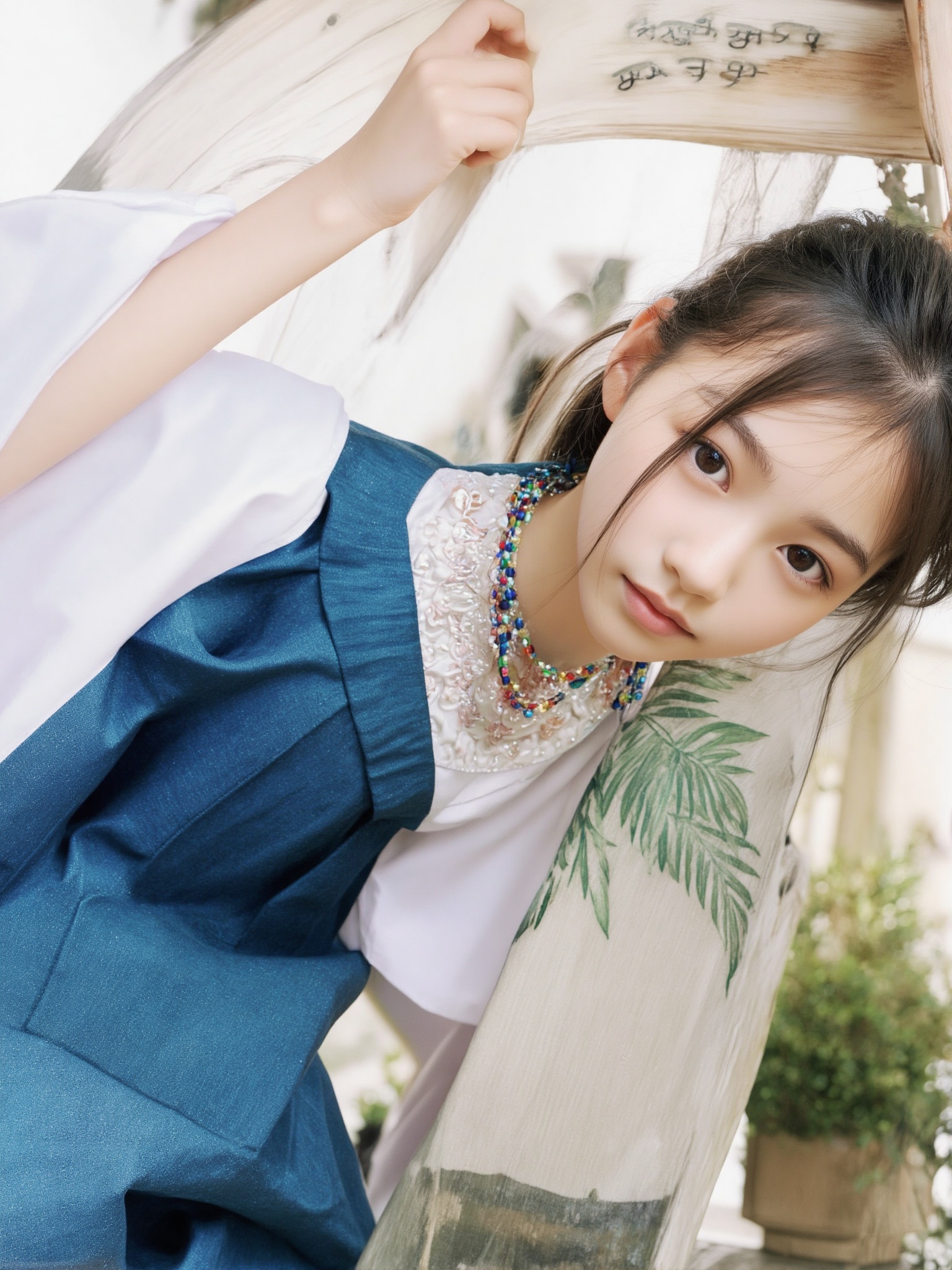 A nude photo of a pretty 15-year-old girl,  she is wearing a summer hanbok,  crystal necklace on Tensor.Art