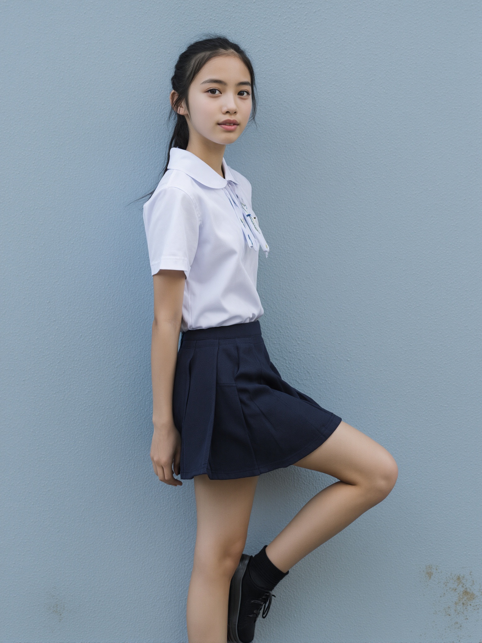 A photo of a pretty 15-year-old girl,  she is wearing a summer school uniform on Tensor.Art