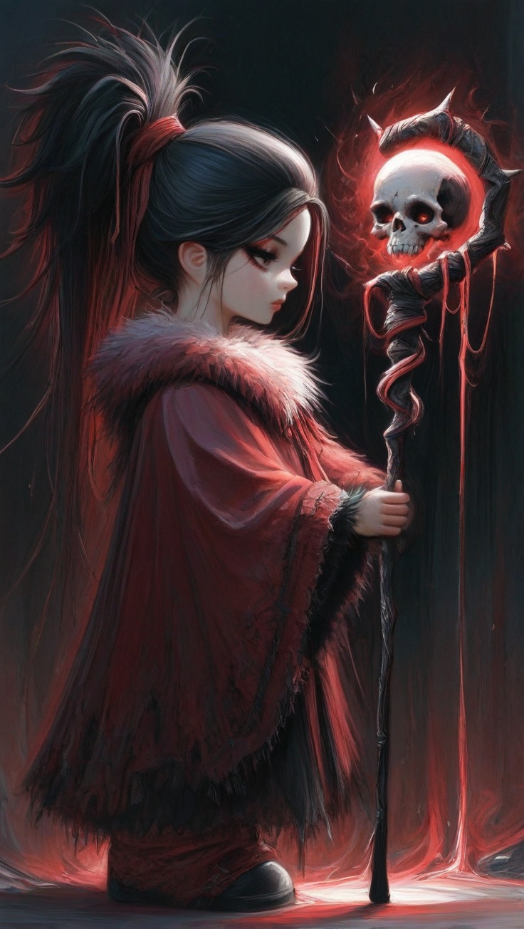 Wizard woman with black hair tied in a ponytail,  black and red clothes,  in her hand a magic staff from which an evil aur...