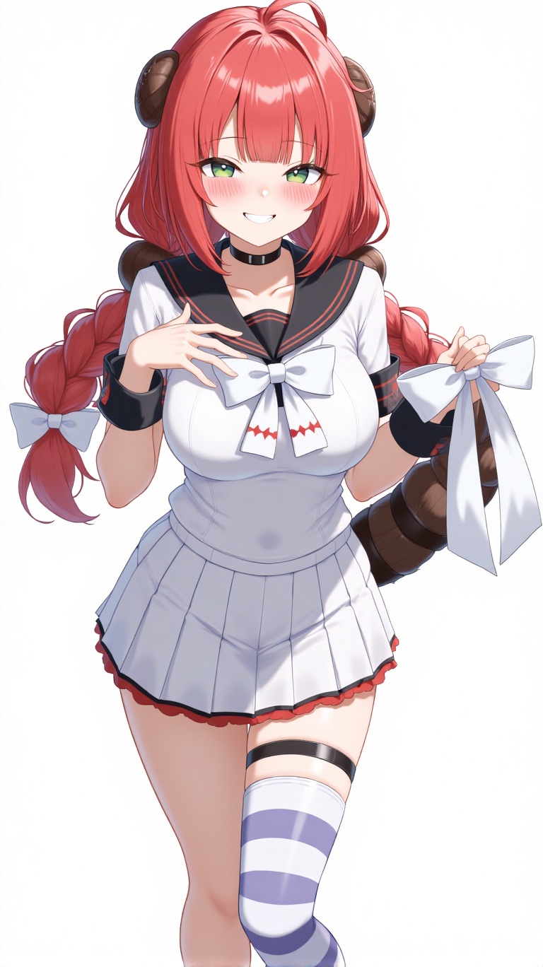 A full-body shot of Ukinami Yuzuha standing confidently in a serafuku uniform. She has green eyes,  red hair with twin bra...