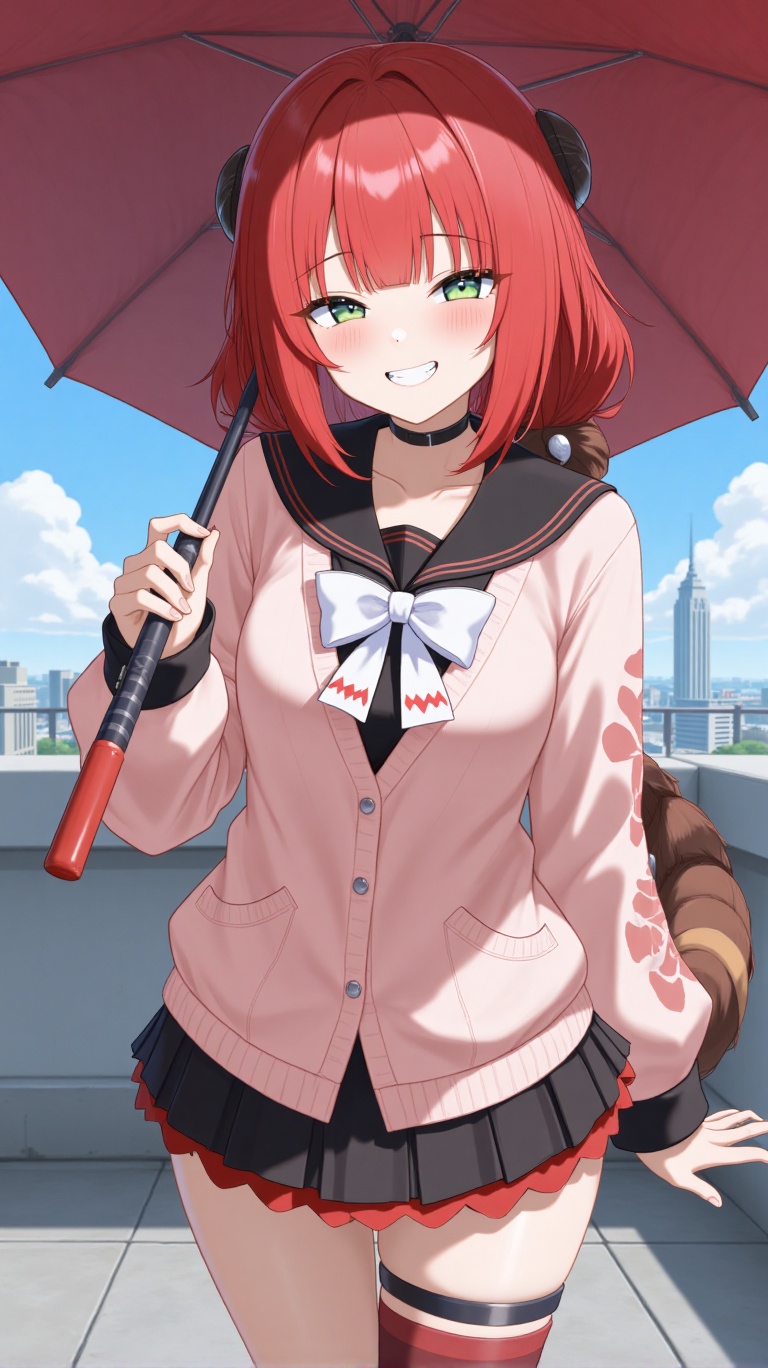 A woman with red hair styled in ahoge and blunt bangs,  wearing a pink cardigan over a black sailor collar with a white bo...