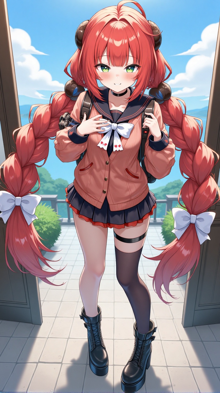 A dynamic pose with foreshortening,  indoors and outdoors,  featuring a vibrant landscape with a clear blue sky. Yuzuha st...