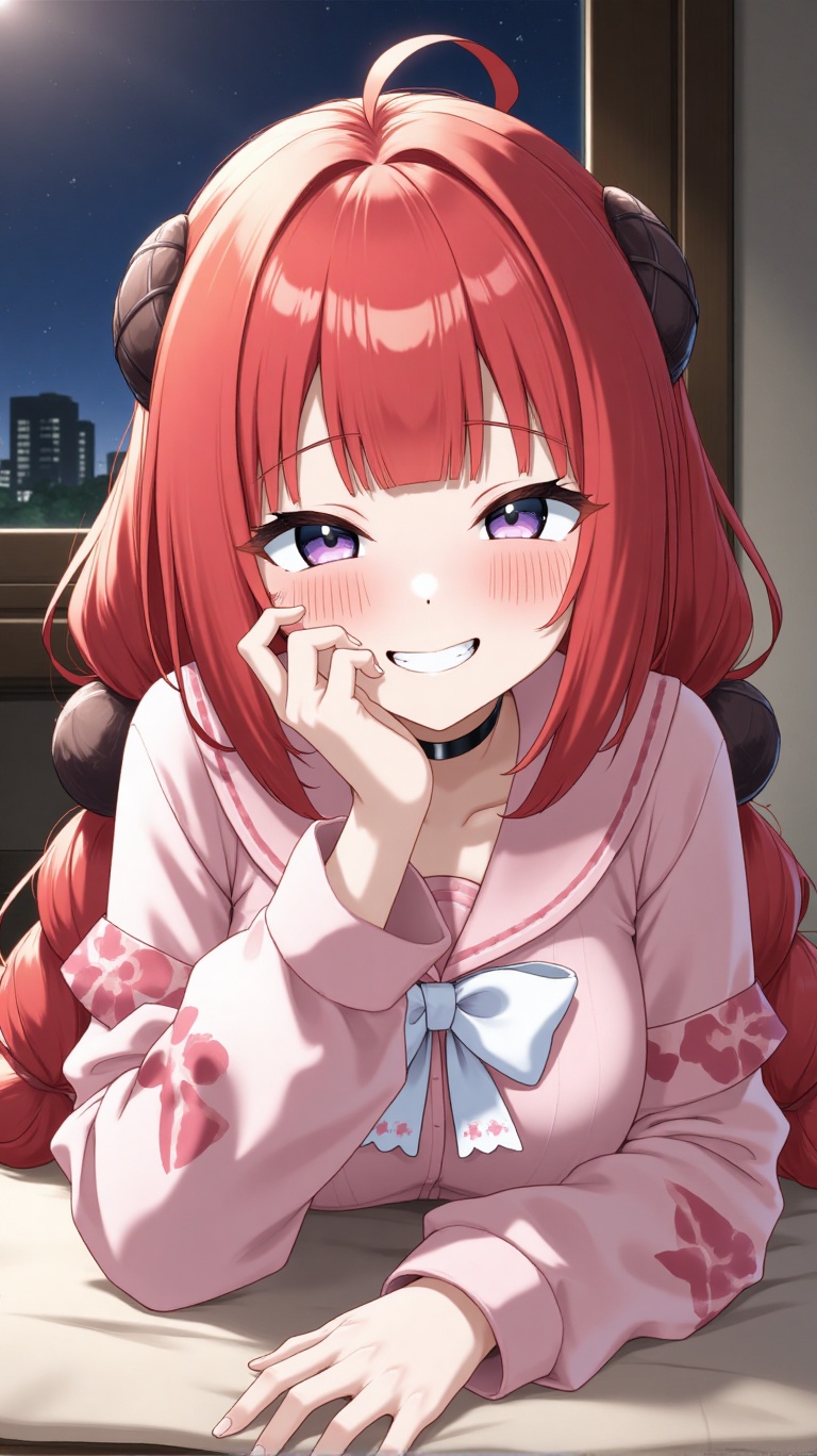 A masterpiece,  best quality image of Ukinami Yuzuha with red hair in twin braids and a white bow. She has medium breasts,...