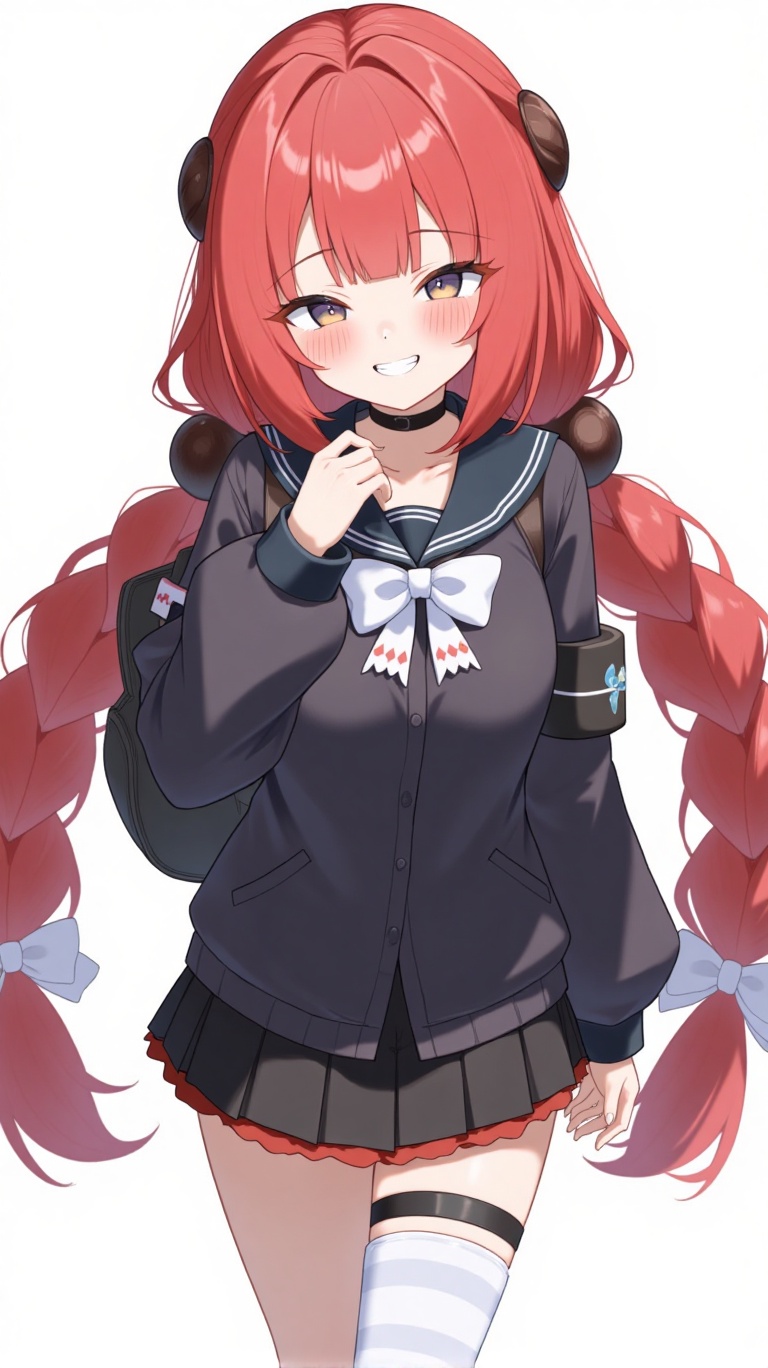 A masterpiece sketch of ukinami yuzuha in a simple white background. She wears a red hair with twin braids and hair bobble...