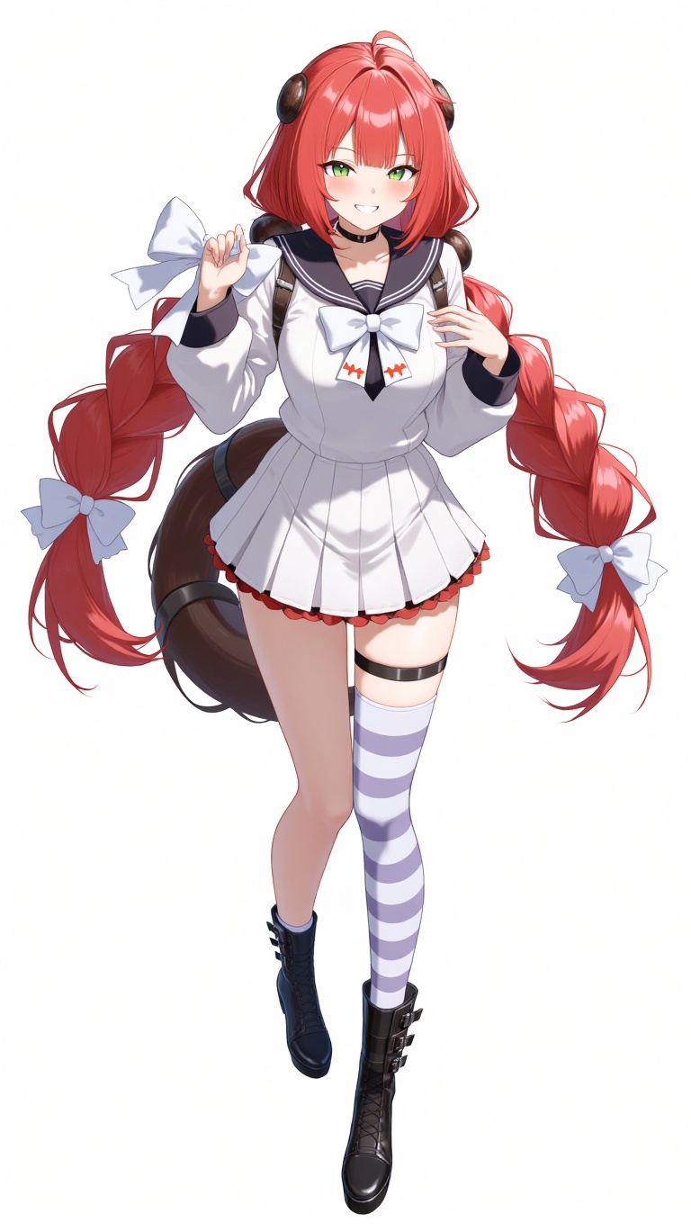 A full-body shot of Ukinami Yuzuha standing confidently in a serafuku uniform. She has green eyes,  red hair with twin bra...