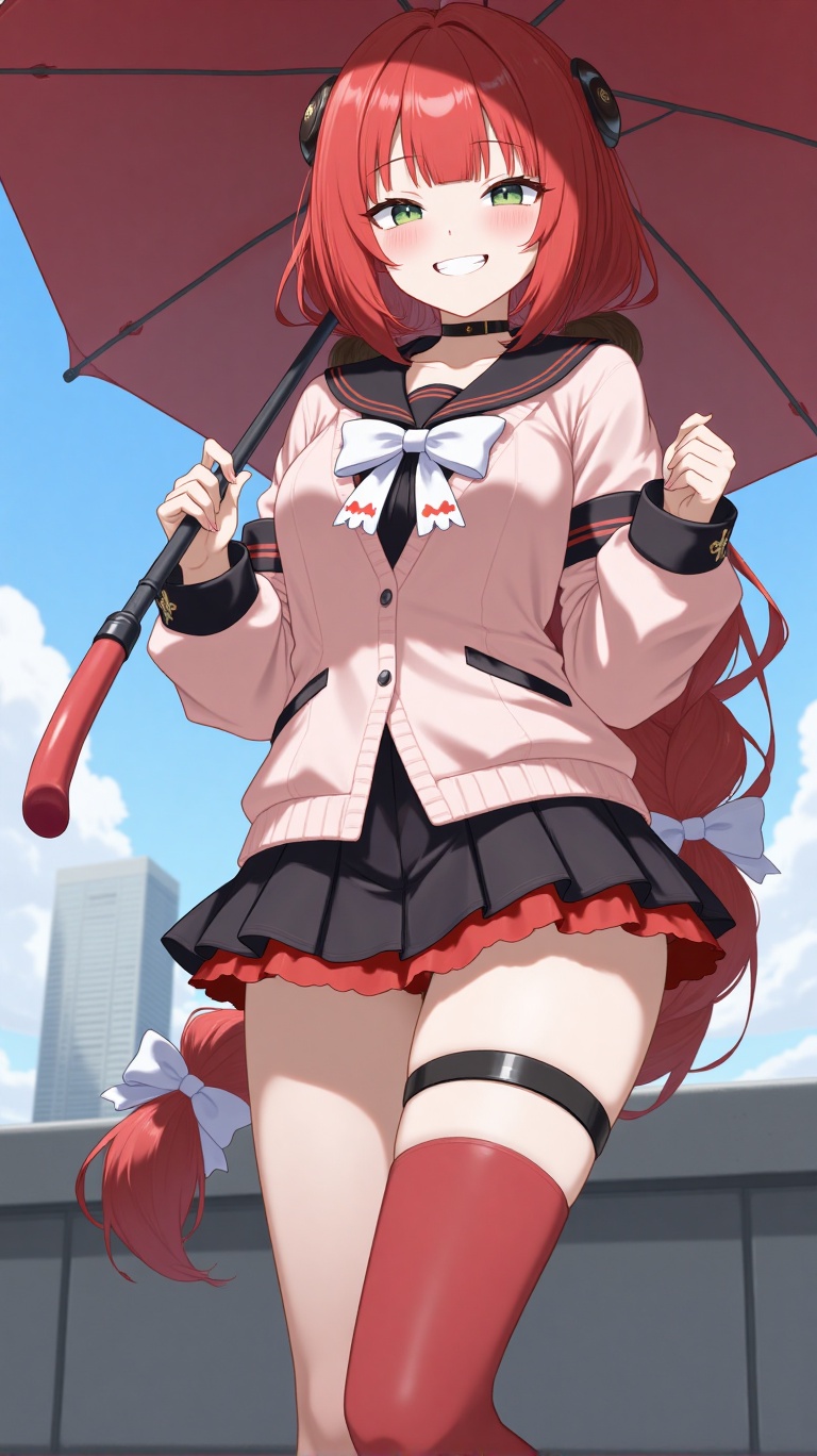 A woman with red hair styled in ahoge and blunt bangs,  wearing a pink cardigan over a black sailor collar with a white bo...