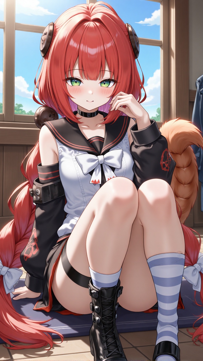 A 4K masterpiece of best quality,  indoors with dynamic lighting. Yuzuha sits with a captivating long braid and red hair,...