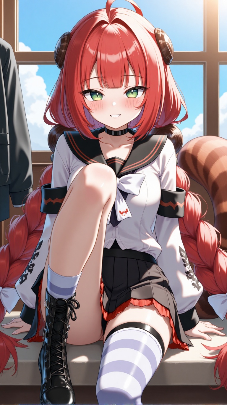 A 4K masterpiece of best quality,  indoors with dynamic lighting. Yuzuha sits with a captivating long braid and red hair,...