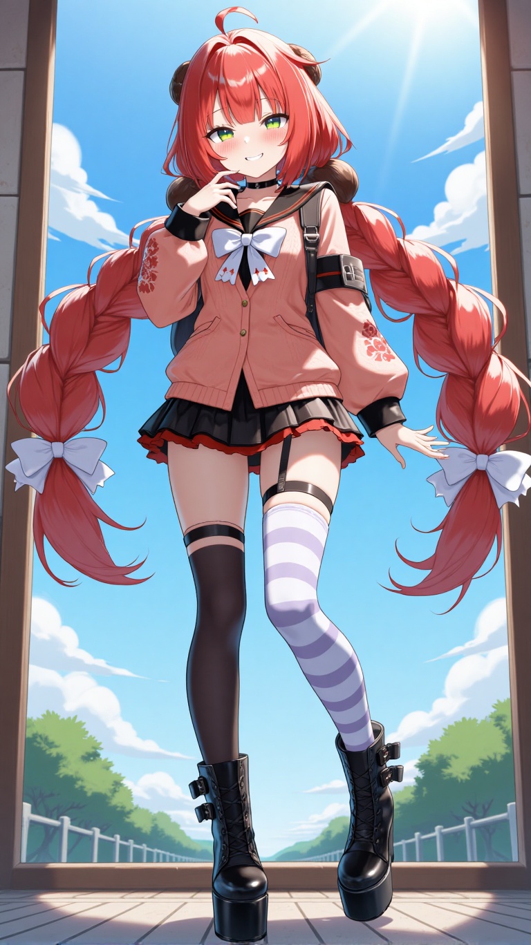 A dynamic pose with foreshortening,  indoors and outdoors,  featuring a vibrant landscape with a clear blue sky. Yuzuha st...