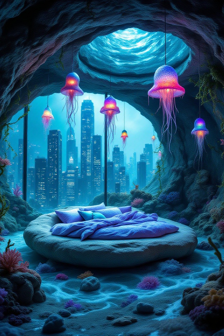 In a whimsical room inspired by The Little Mermaid a cozy bed carved from a large,  smooth stone rises majestically from t...