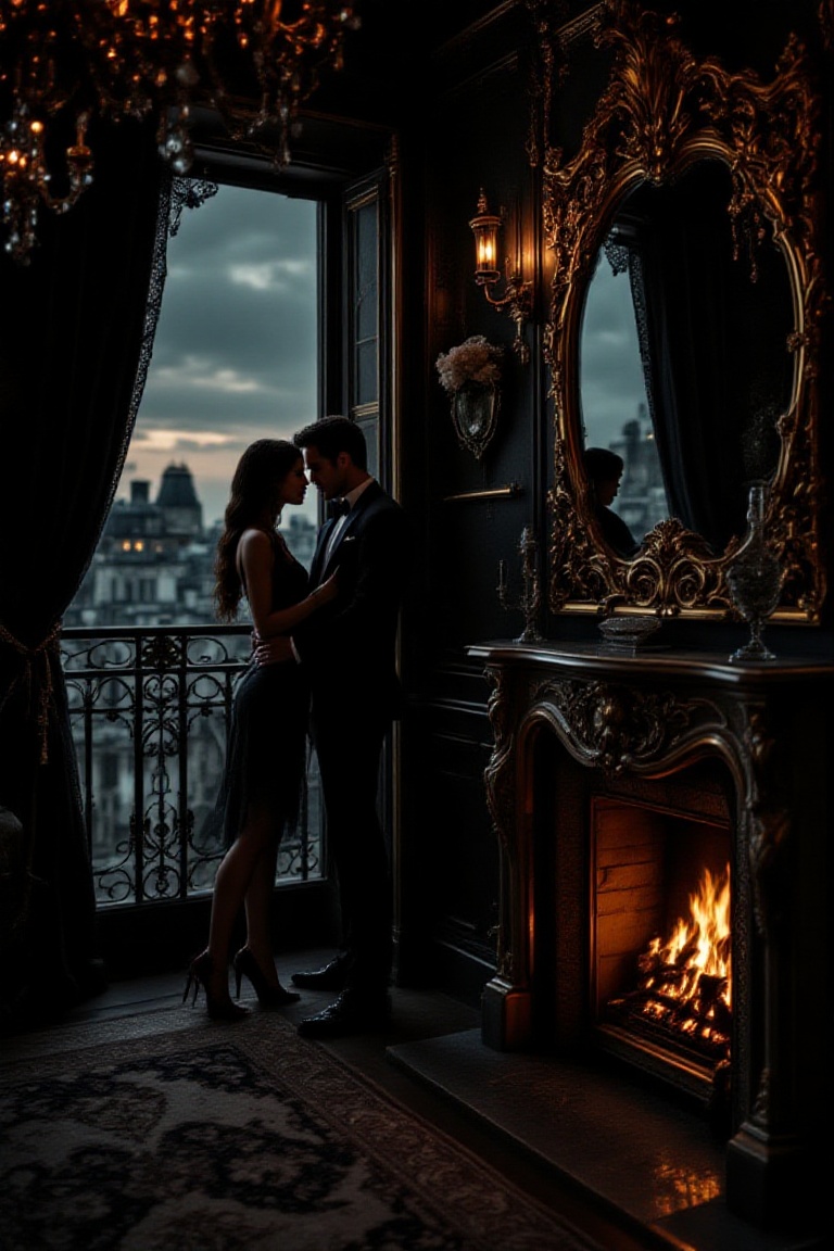 An intimate,  opulent Parisian apartment overlooking the city. A couple is captured in a moment of quiet passion,  their f...