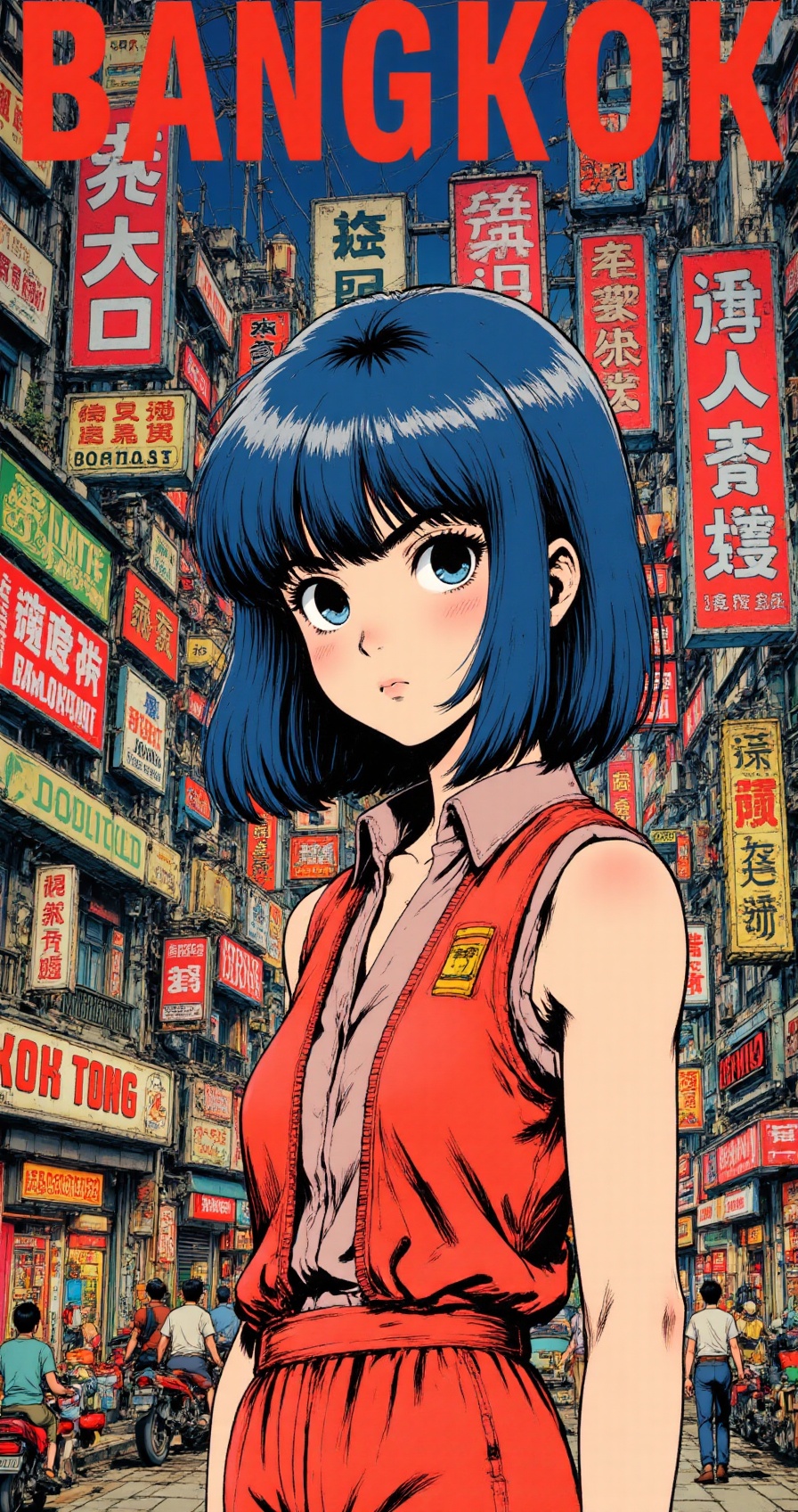 retrotravel,  retro anime style,  girl with short blue hair in sleeveless outfit on Tensor.Art