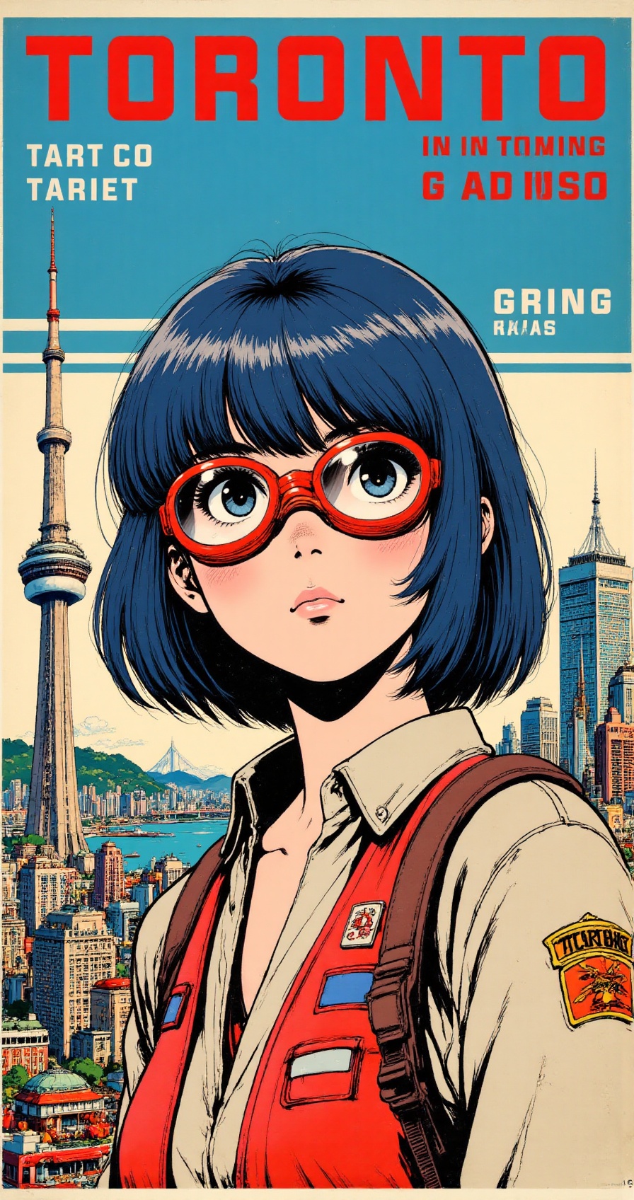 retrotravel,  retro anime style,  female traveler with short blue hair on Tensor.Art