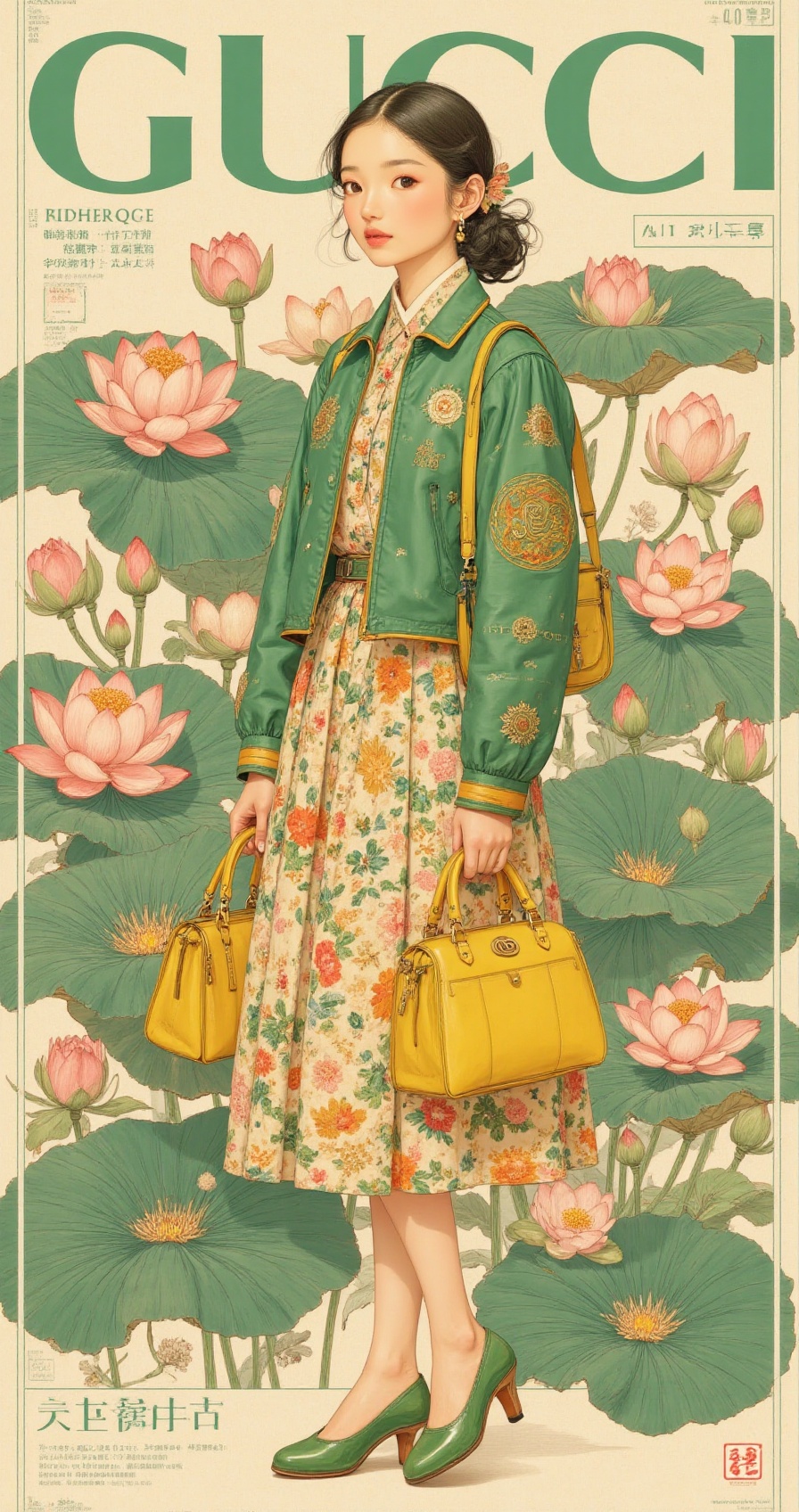 floralhanbok,  girl in green Gucci jacket,  pleated floral skirt on Tensor.Art