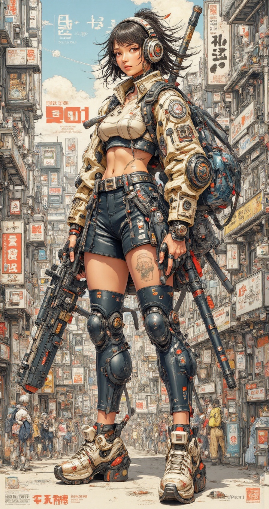 (floralhanbok),  A detailed illustration of neo_gundam_sovereign in stylish cyberpunkstreetwear suit,  futuristic urban ba...